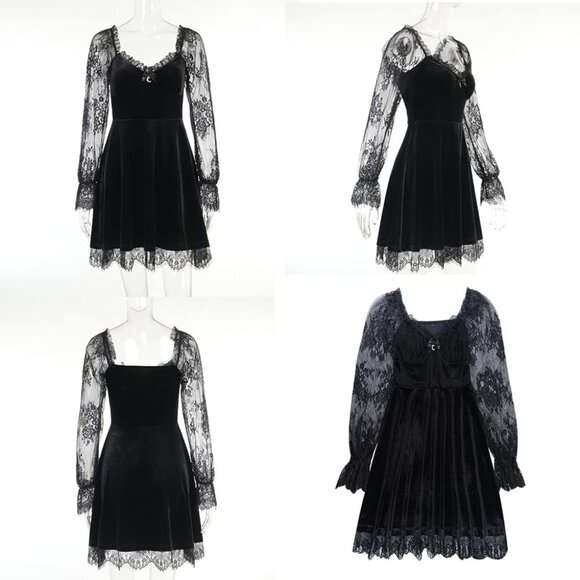 Long Sleeve Gothic Dress Women Vintage Sexy V-Neck Casual Aesthetic - Picture 4 of 6